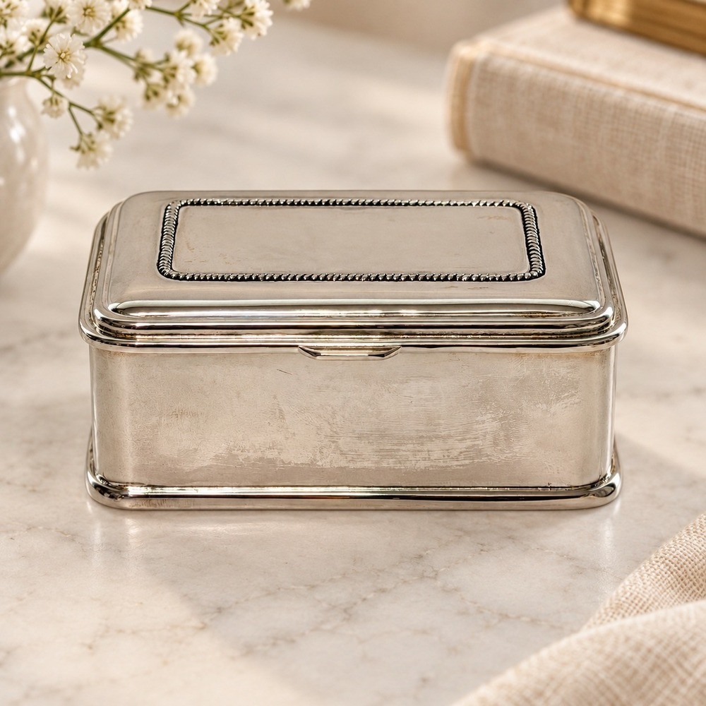 Vintage Silver Plate Trinket Box Blue Velvet Lined Jewelry Keepsake Box